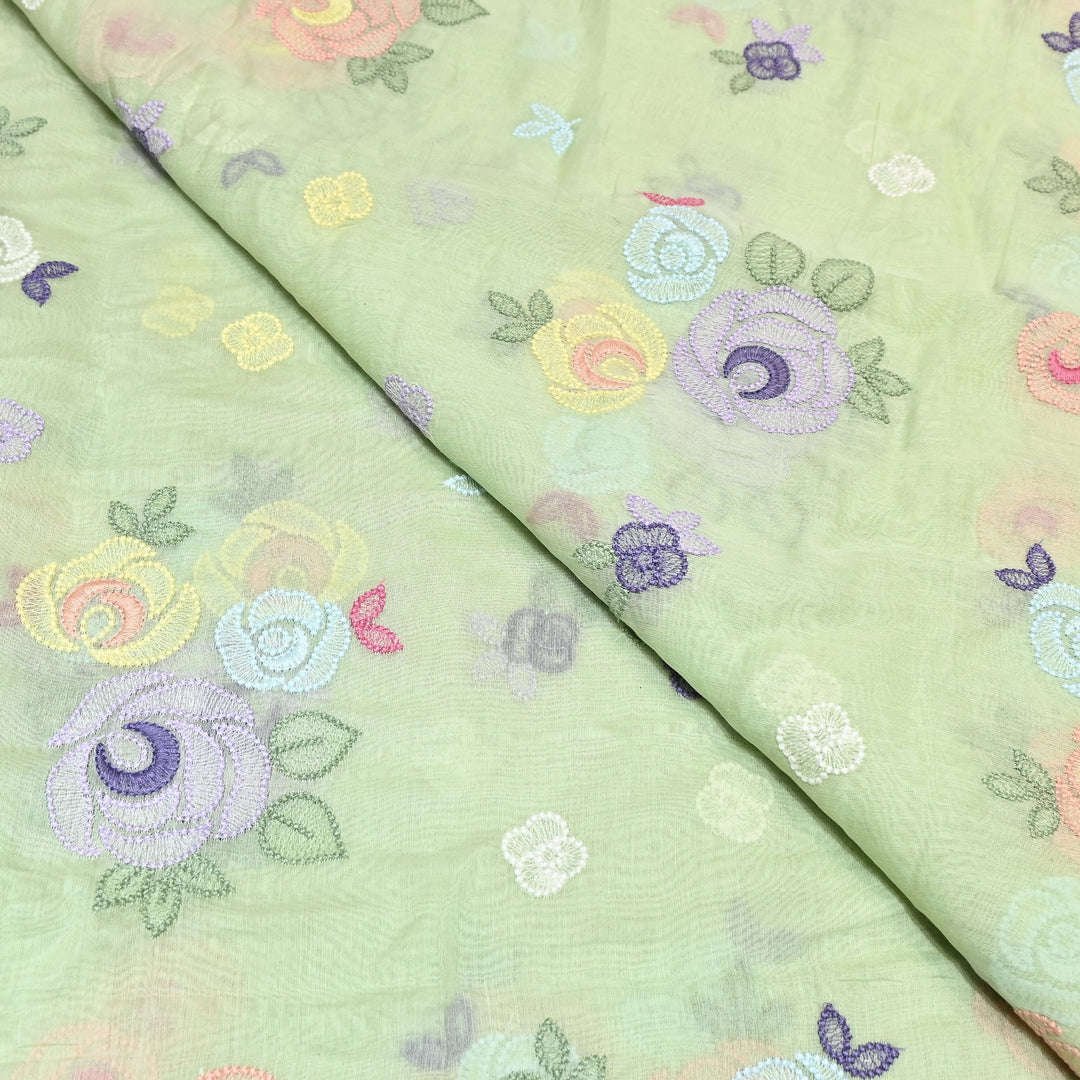 Pastel Green Color Mul Chanderi Floral Thread Embroidery Fabric – Soft Breathable Designer Fabric- M08231-3
