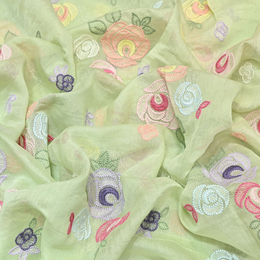 Pastel Green Color Mul Chanderi Floral Thread Embroidery Fabric – Soft Breathable Designer Fabric- M08231-3