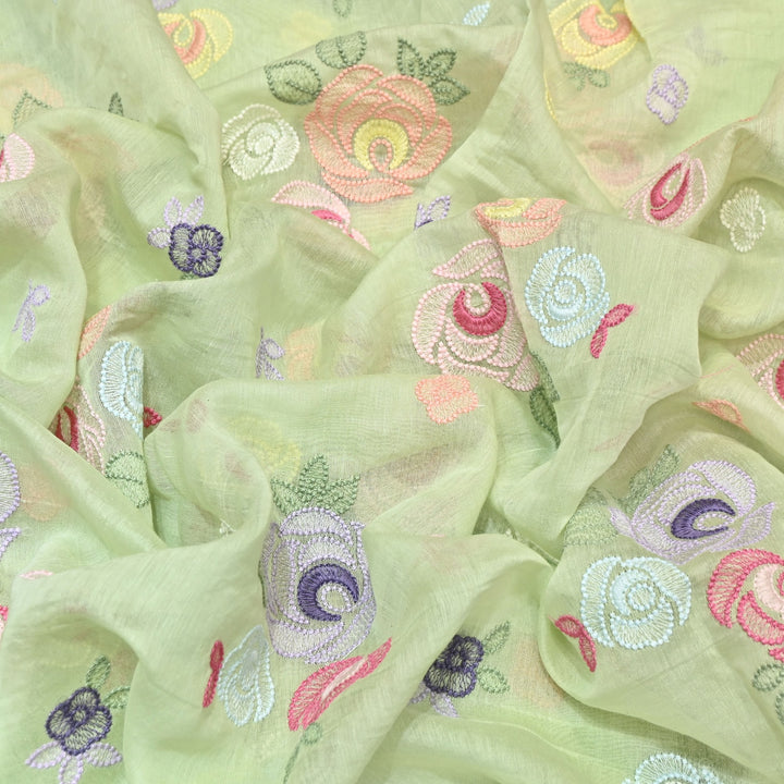 Pastel Green Color Mul Chanderi Floral Thread Embroidery Fabric – Soft Breathable Designer Fabric- M08231-3