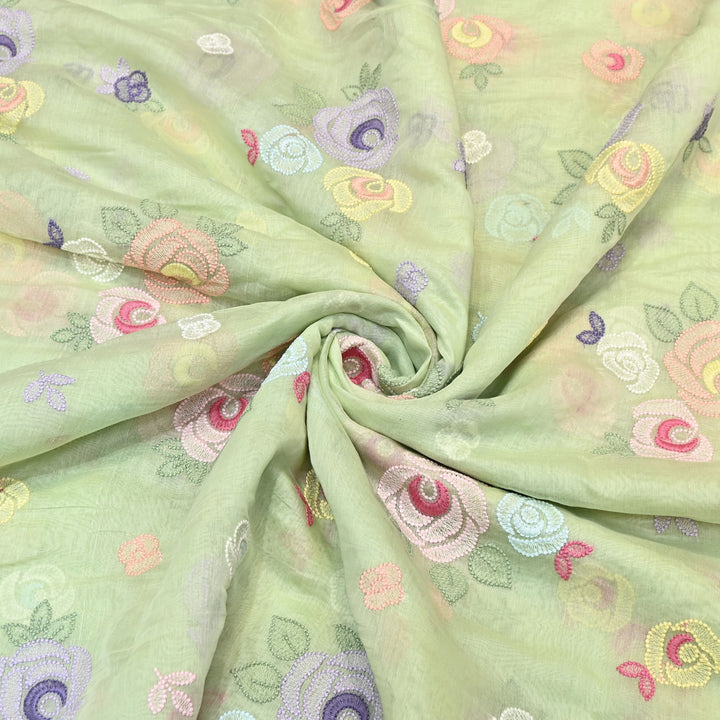Pastel Green Color Mul Chanderi Floral Thread Embroidery Fabric – Soft Breathable Designer Fabric- M08231-3