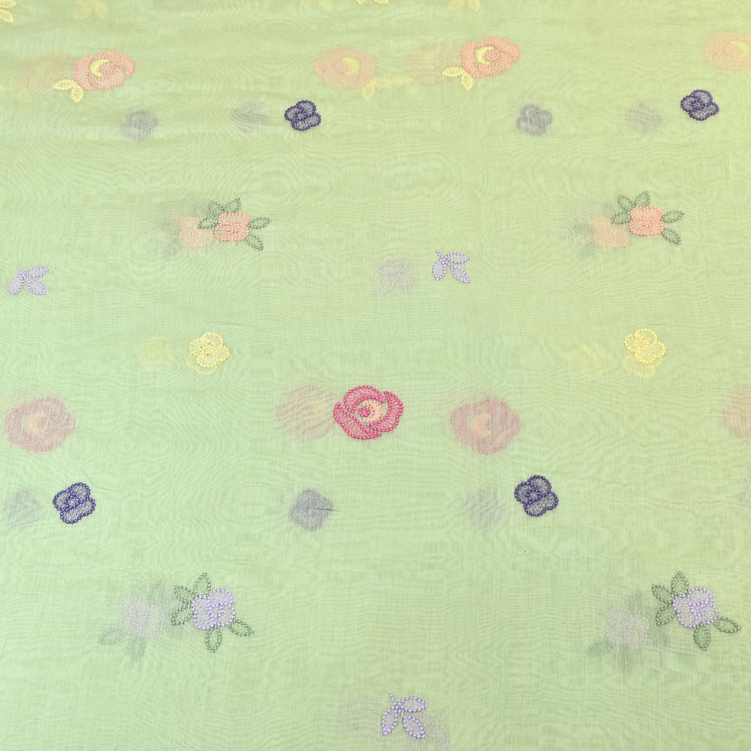 Pastel Green Color Mul Chanderi Floral Thread Embroidery Fabric – Soft Breathable Designer Fabric- MF8231-3
