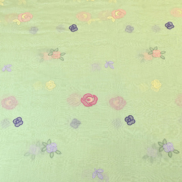 Pastel Green Color Mul Chanderi Floral Thread Embroidery Fabric – Soft Breathable Designer Fabric- MF8231-3