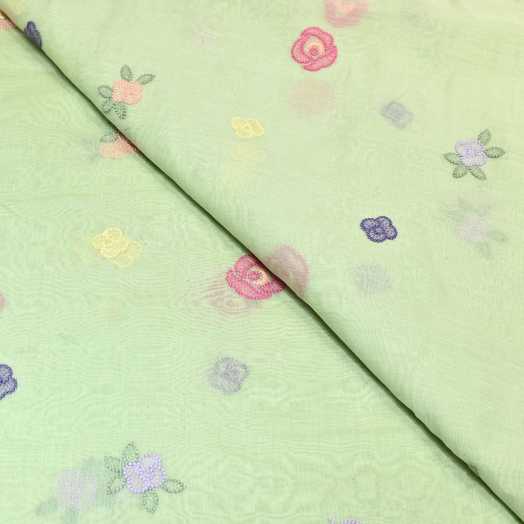 Pastel Green Color Mul Chanderi Floral Thread Embroidery Fabric – Soft Breathable Designer Fabric- MF8231-3