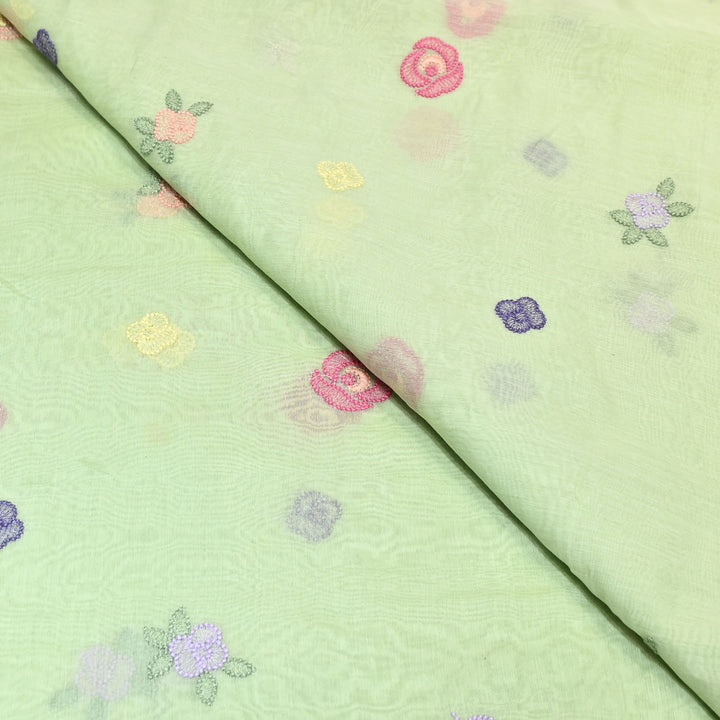 Pastel Green Color Mul Chanderi Floral Thread Embroidery Fabric – Soft Breathable Designer Fabric- MF8231-3