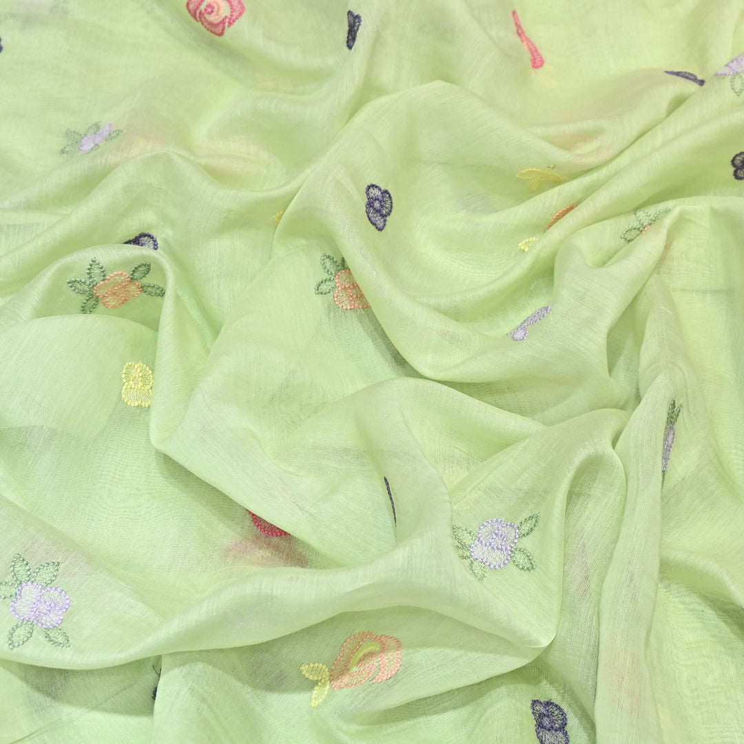 Pastel Green Color Mul Chanderi Floral Thread Embroidery Fabric – Soft Breathable Designer Fabric- MF8231-3