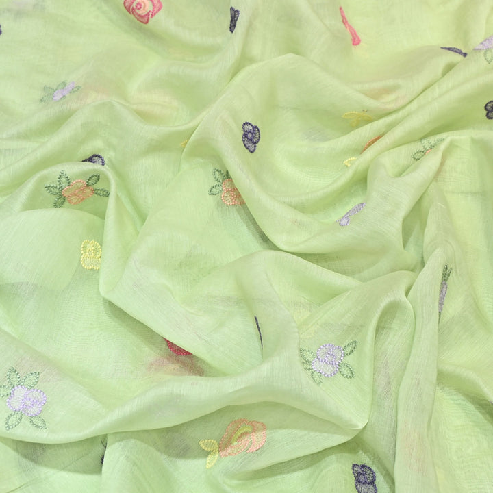 Pastel Green Color Mul Chanderi Floral Thread Embroidery Fabric – Soft Breathable Designer Fabric- MF8231-3