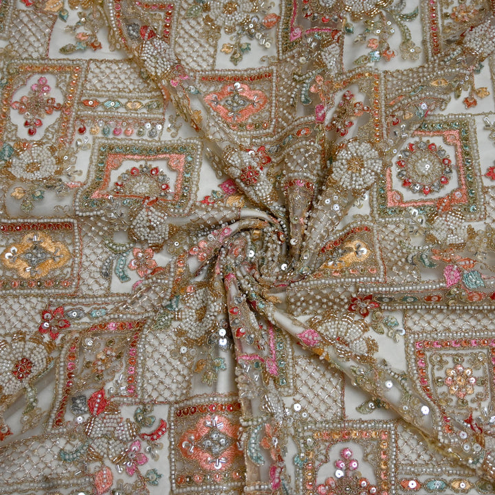 Dyed Net Moti With Sequins Embroidery Fabrics