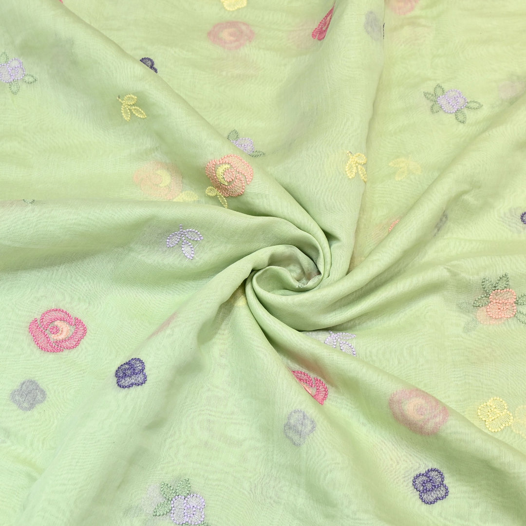 Pastel Green Color Mul Chanderi Floral Thread Embroidery Fabric – Soft Breathable Designer Fabric- MF8231-3