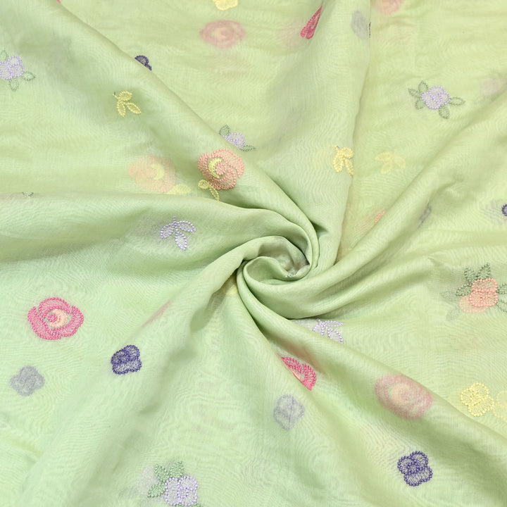 Pastel Green Color Mul Chanderi Floral Thread Embroidery Fabric – Soft Breathable Designer Fabric- MF8231-3