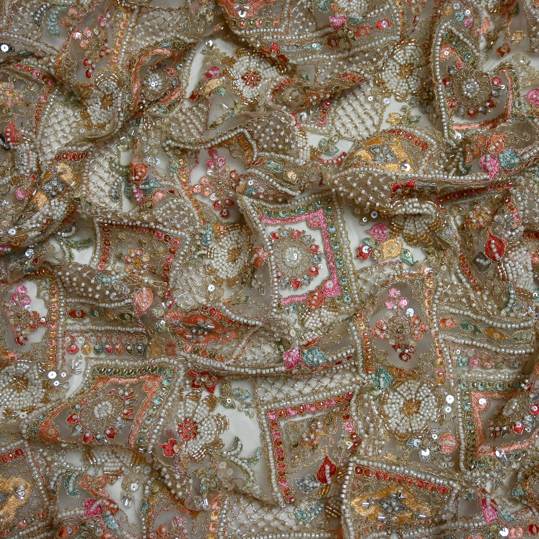 Dyed Net Moti With Sequins Embroidery Fabrics