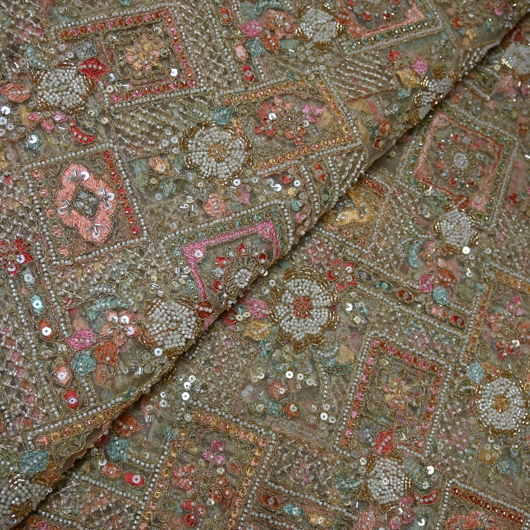 Dyed Net Moti With Sequins Embroidery Fabrics