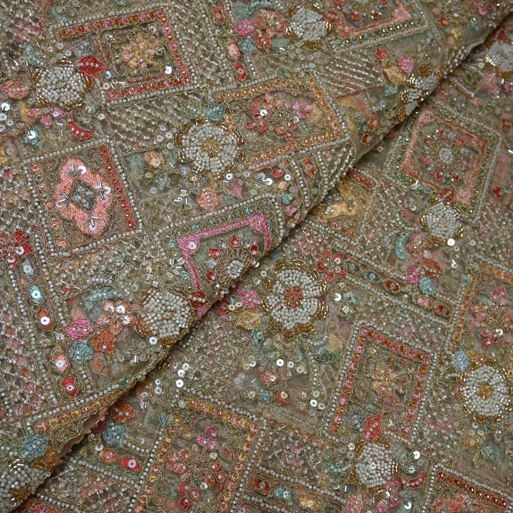 Dyed Net Moti With Sequins Embroidery Fabrics