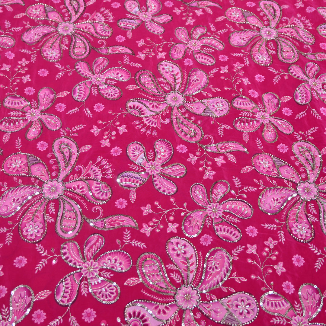 Burnt Pink Crepe Position Print Sequins & Cut Dana Hand Embroidery Fabric