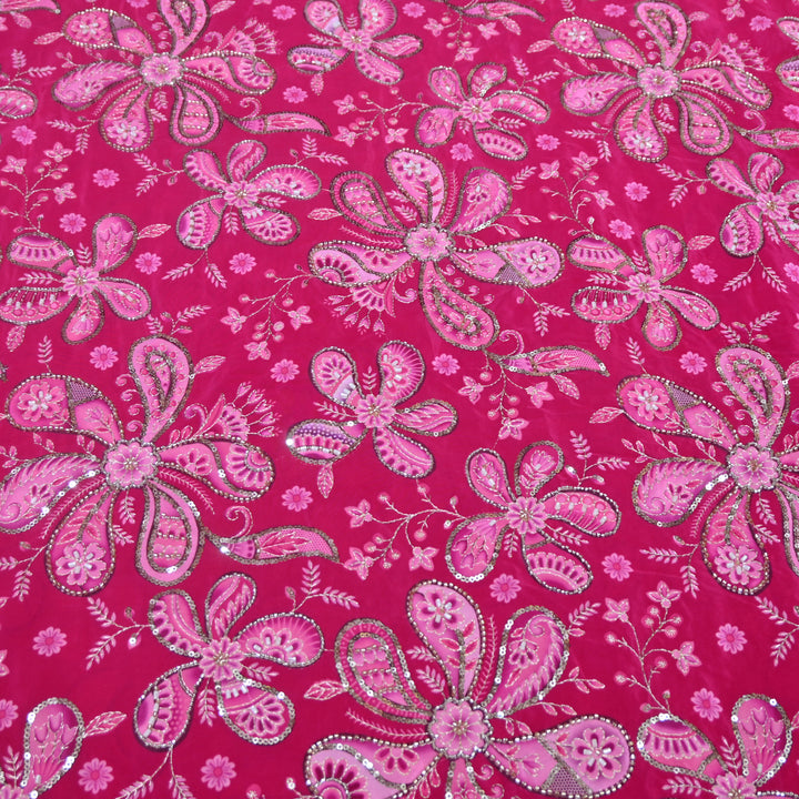 Burnt Pink Crepe Position Print Sequins & Cut Dana Hand Embroidery Fabric