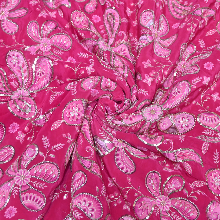 Burnt Pink Crepe Position Print Sequins & Cut Dana Hand Embroidery Fabric