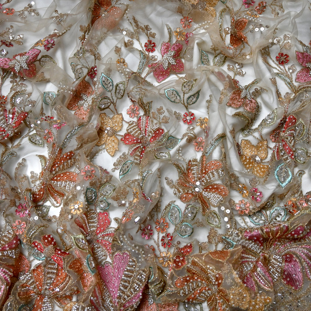 Net Moti Thread With Sequins Embroidery Fabrics