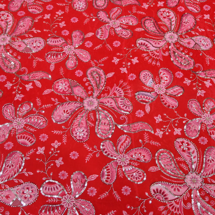 Red Color Crepe Position Print Sequins & Cut Dana Hand Embroidery Fabric