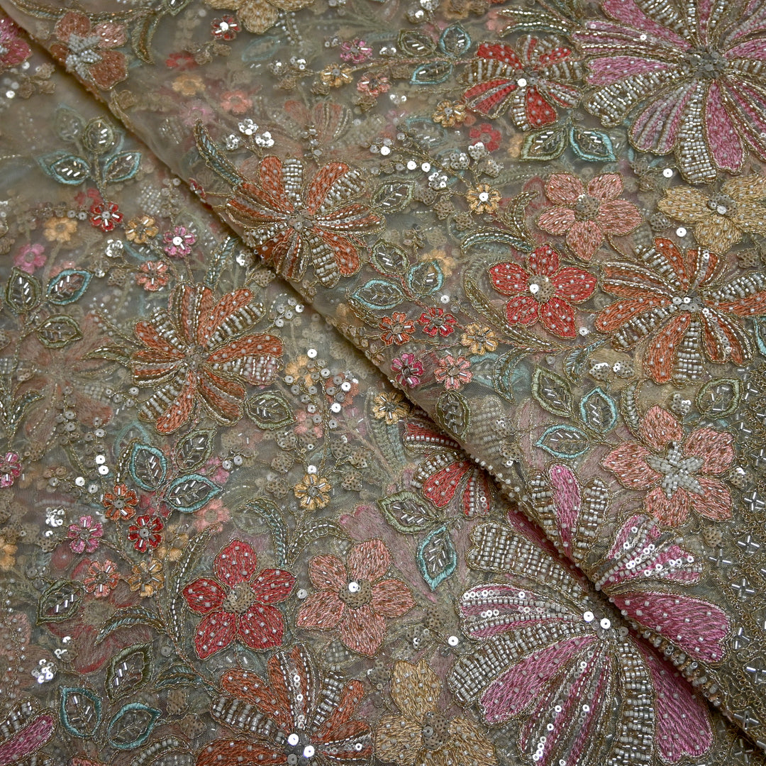 Net Moti Thread With Sequins Embroidery Fabrics