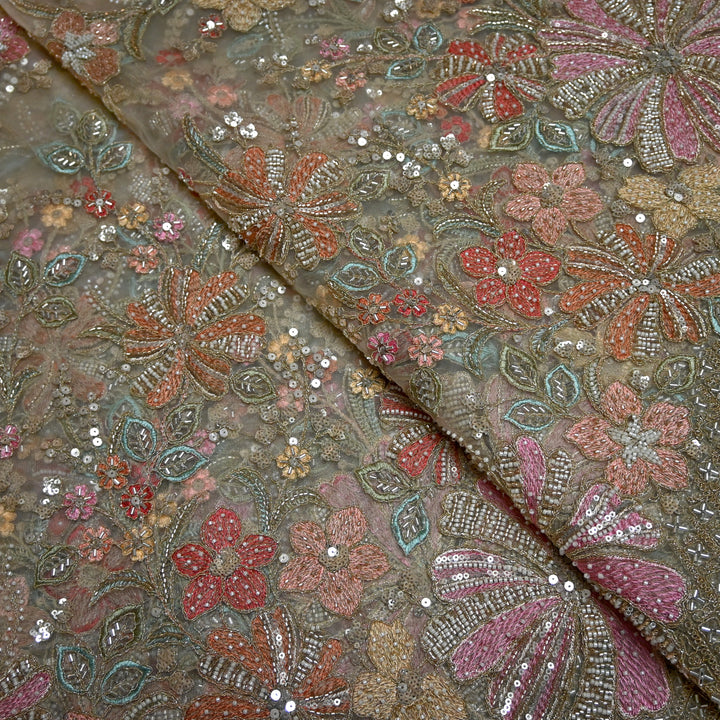 Net Moti Thread With Sequins Embroidery Fabrics