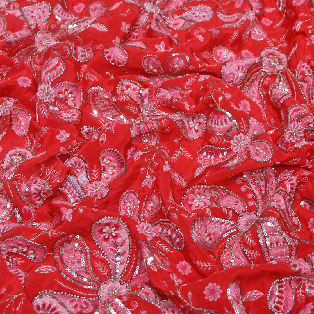 Red Color Crepe Position Print Sequins & Cut Dana Hand Embroidery Fabric