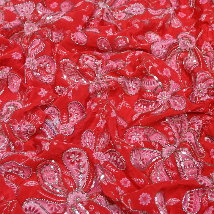 Red Color Crepe Position Print Sequins & Cut Dana Hand Embroidery Fabric