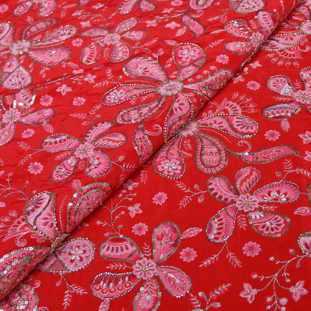 Red Color Crepe Position Print Sequins & Cut Dana Hand Embroidery Fabric