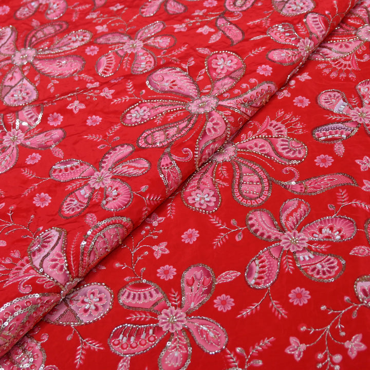 Red Color Crepe Position Print Sequins & Cut Dana Hand Embroidery Fabric