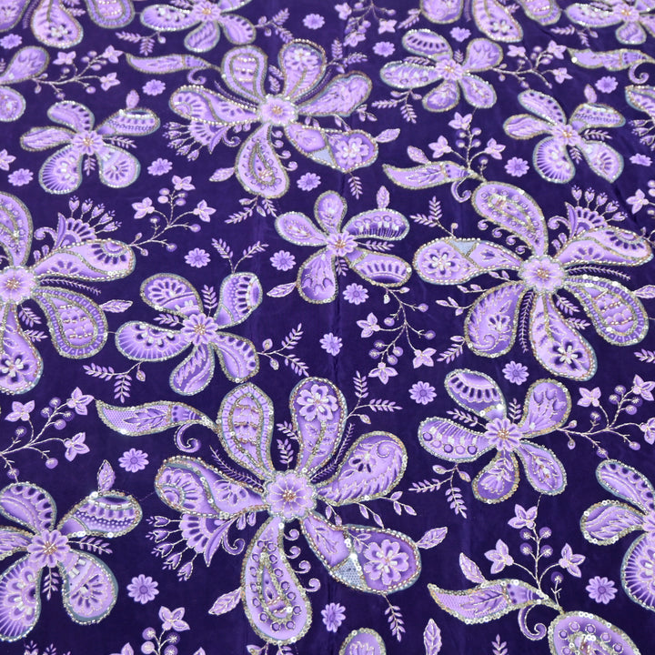Dark Indigo Color Crepe Position Print Sequins & Cut Dana Hand Embroidery Fabric