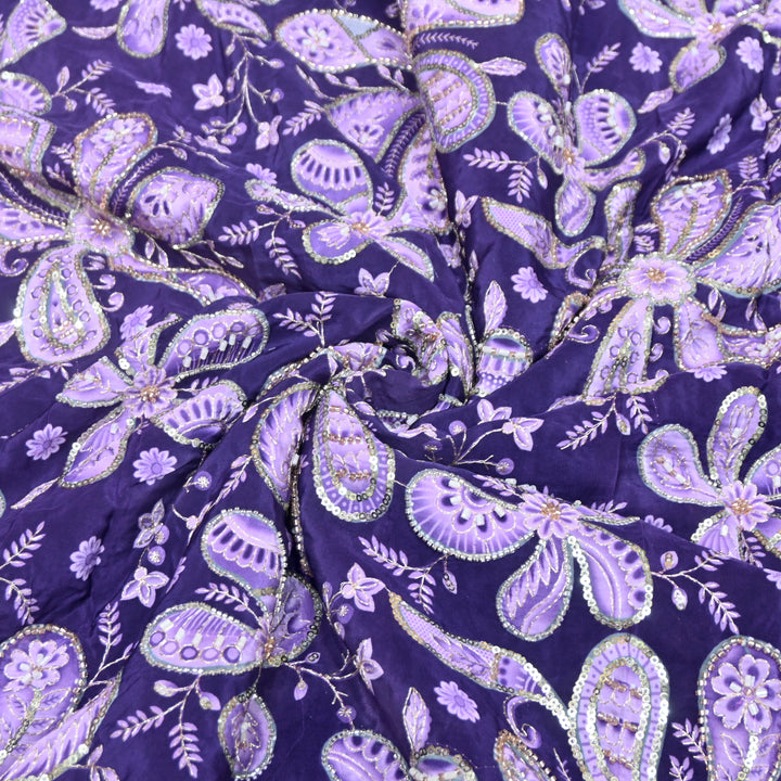 Dark Indigo Color Crepe Position Print Sequins & Cut Dana Hand Embroidery Fabric