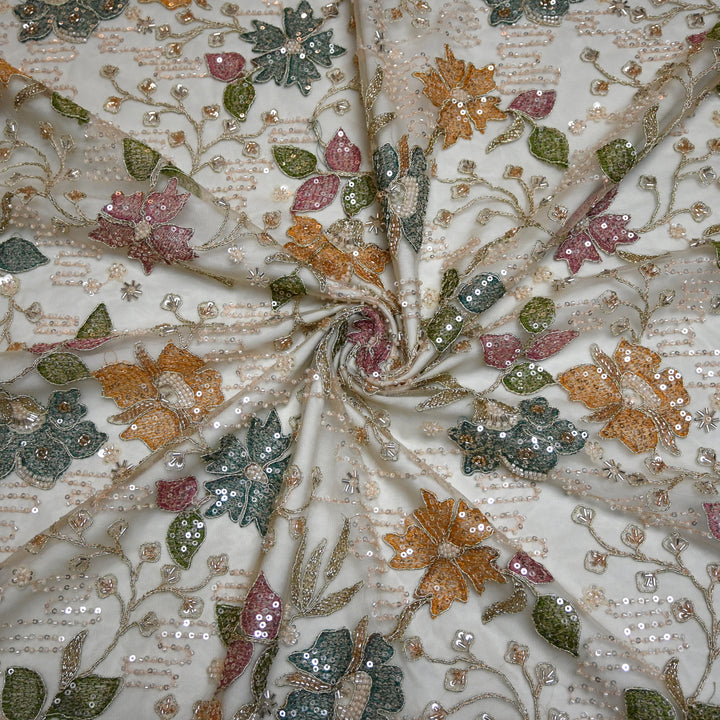 Dyed Net Moti With Sequins Embroidery Fabrics