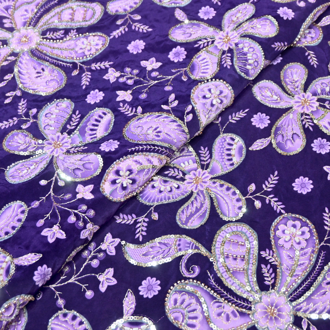 Dark Indigo Color Crepe Position Print Sequins & Cut Dana Hand Embroidery Fabric