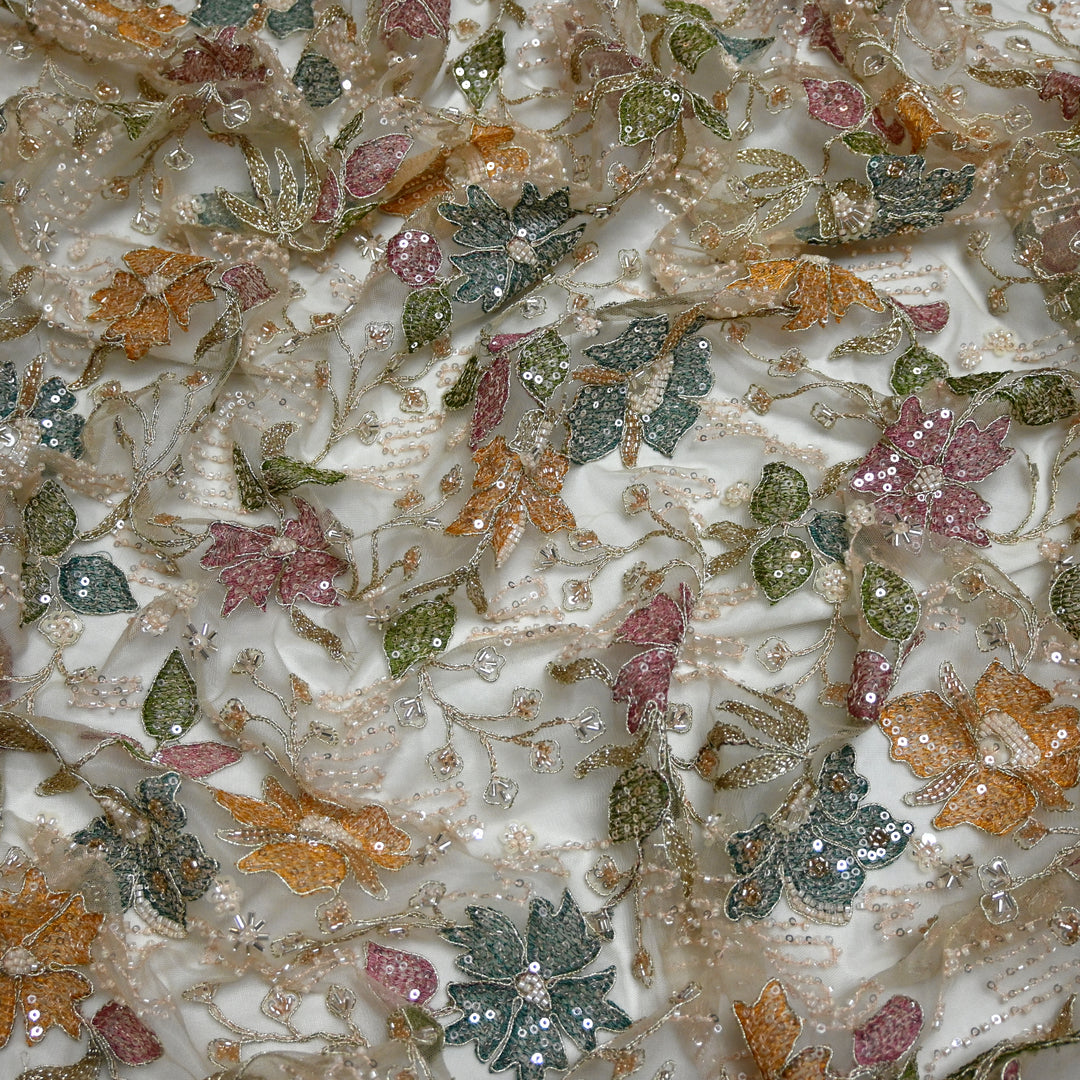 Dyed Net Moti With Sequins Embroidery Fabrics