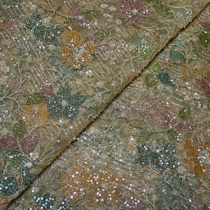 Dyed Net Moti With Sequins Embroidery Fabrics