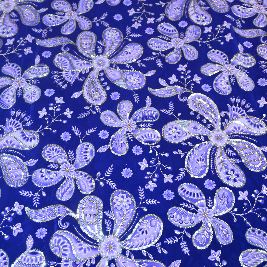 Denim Dark Blue Color Crepe Position Print Sequins & Cut Dana Hand Embroidery Fabric