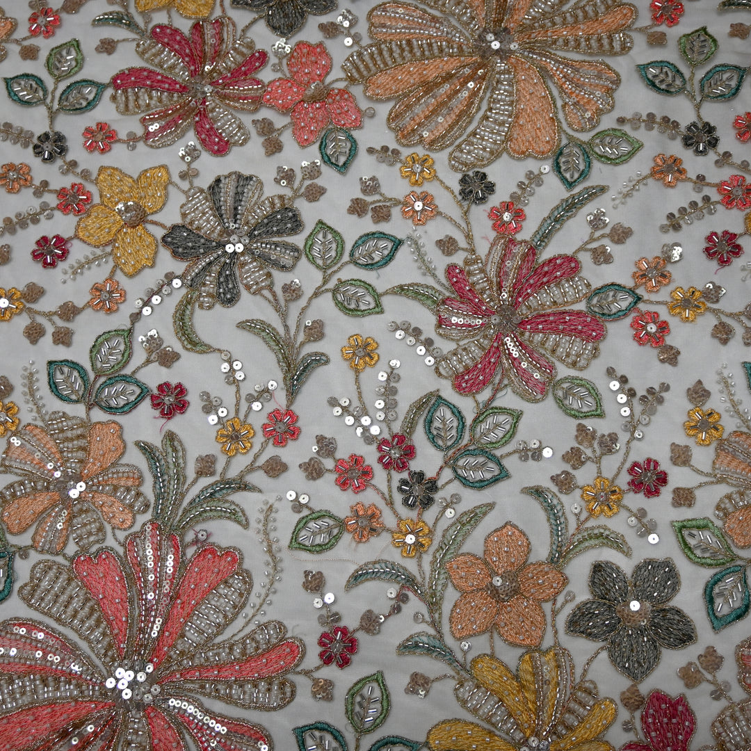 Dyed Net Moti With Sequins Embroidery Fabrics