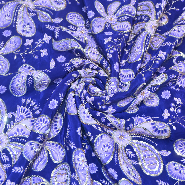 Denim Dark Blue Color Crepe Position Print Sequins & Cut Dana Hand Embroidery Fabric