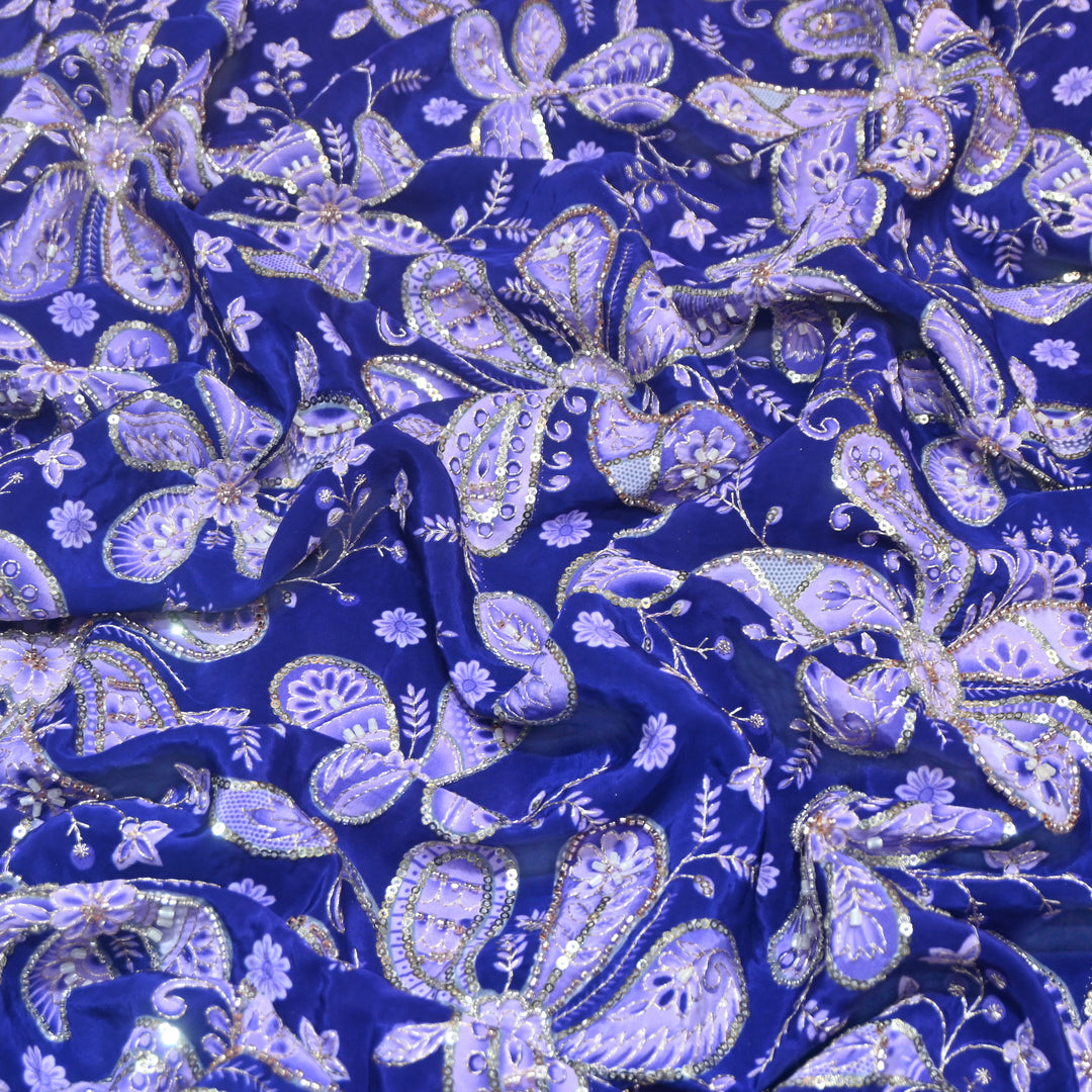 Denim Dark Blue Color Crepe Position Print Sequins & Cut Dana Hand Embroidery Fabric