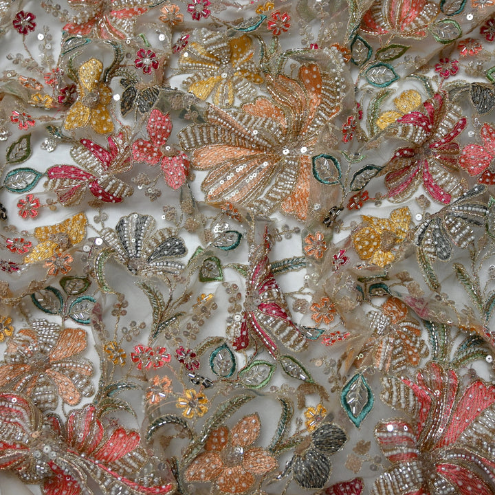 Dyed Net Moti With Sequins Embroidery Fabrics