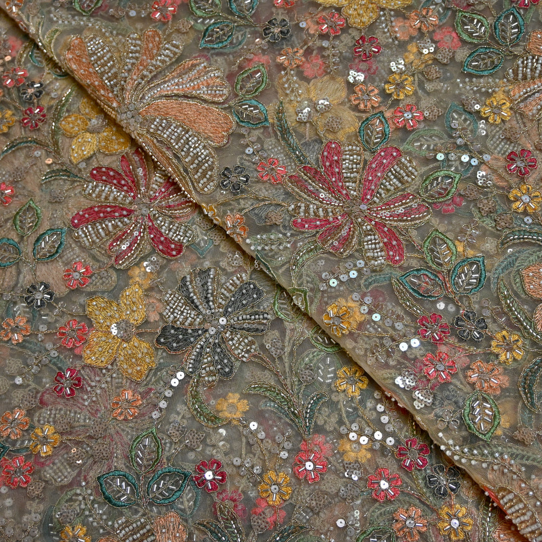 Dyed Net Moti With Sequins Embroidery Fabrics