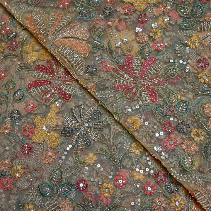 Dyed Net Moti With Sequins Embroidery Fabrics