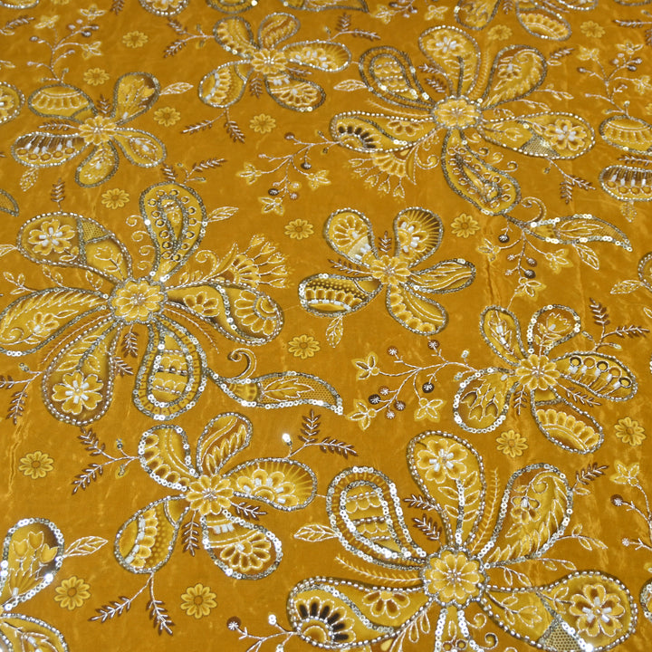 Yellowish Orange Color Crepe Position Print Sequins & Cut Dana Hand Embroidery Fabric