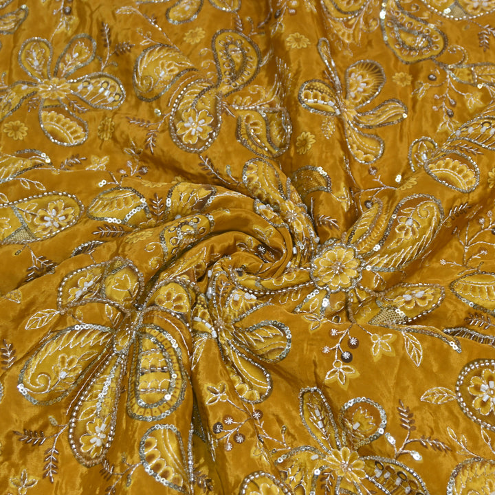 Yellowish Orange Color Crepe Position Print Sequins & Cut Dana Hand Embroidery Fabric