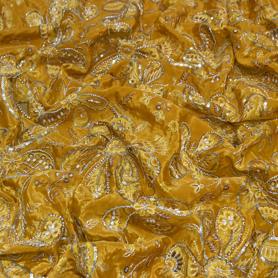 Yellowish Orange Color Crepe Position Print Sequins & Cut Dana Hand Embroidery Fabric