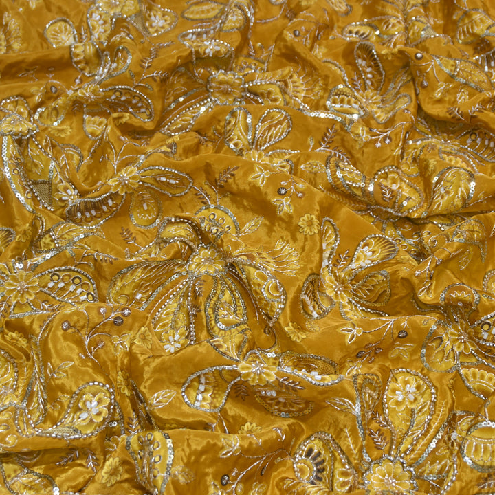 Yellowish Orange Color Crepe Position Print Sequins & Cut Dana Hand Embroidery Fabric