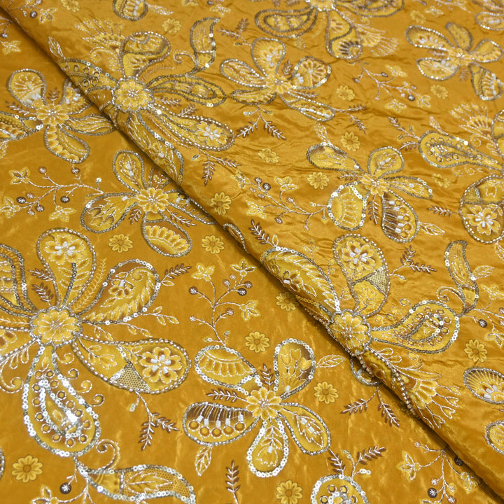 Yellowish Orange Color Crepe Position Print Sequins & Cut Dana Hand Embroidery Fabric