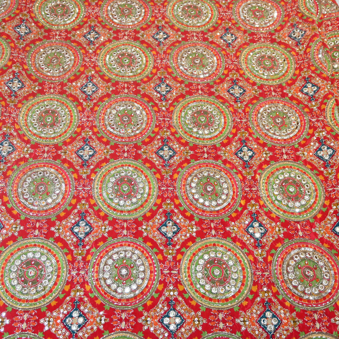 Multi Color Crepe Position Print Zari Sequence Embroidery Fabric