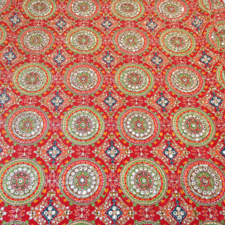 Multi Color Crepe Position Print Zari Sequence Embroidery Fabric