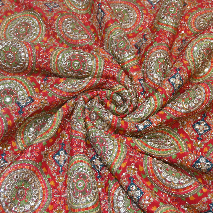 Multi Color Crepe Position Print Zari Sequence Embroidery Fabric