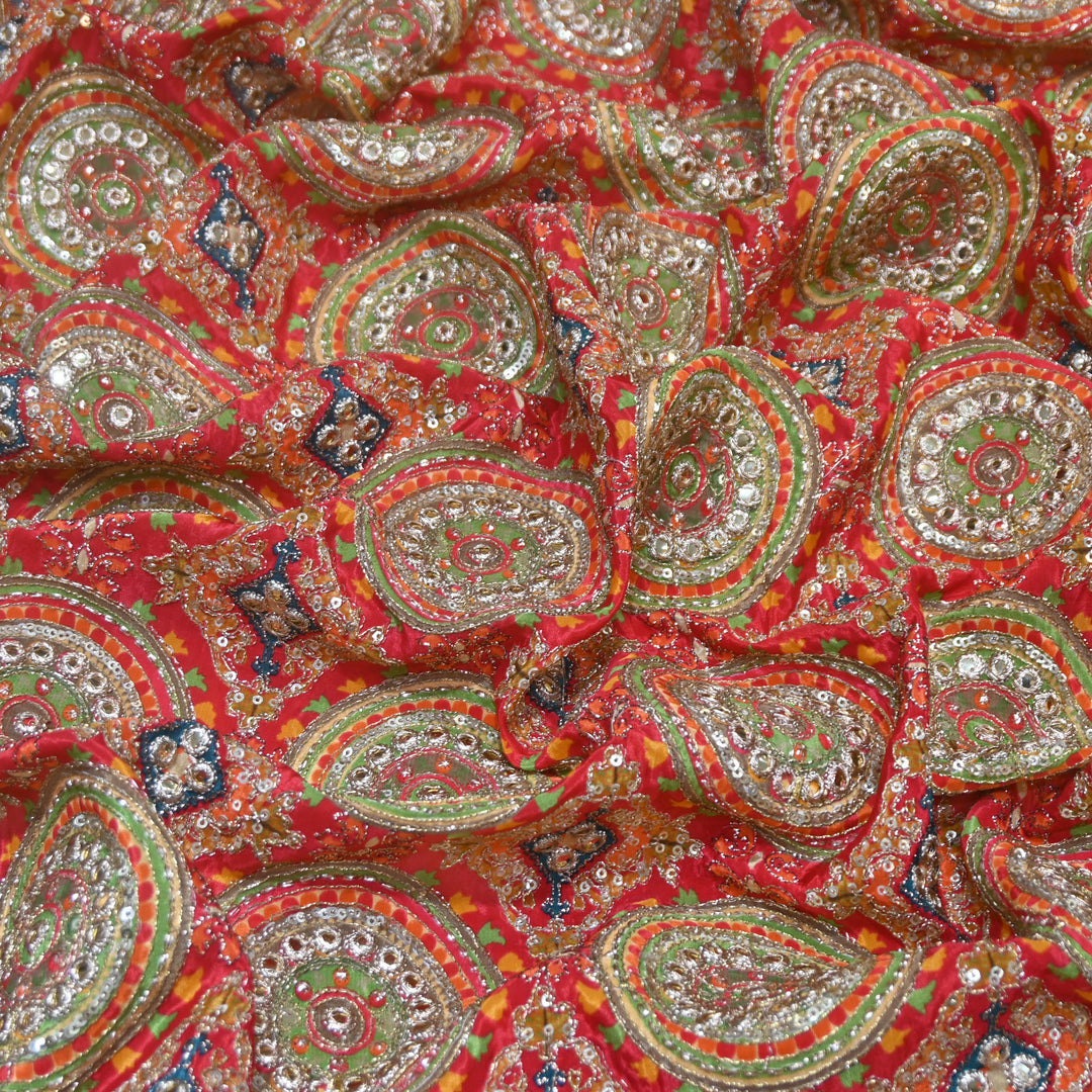 Multi Color Crepe Position Print Zari Sequence Embroidery Fabric