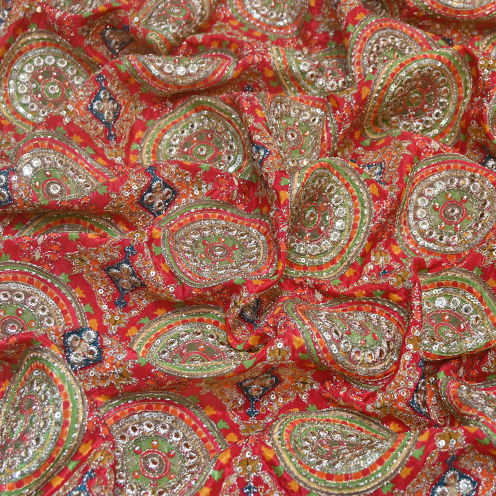 Multi Color Crepe Position Print Zari Sequence Embroidery Fabric